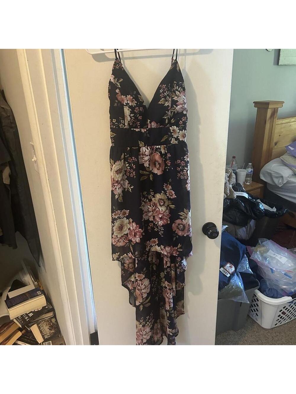 Love Tree black floral asymmetric dress with pink and beige flowers, size L